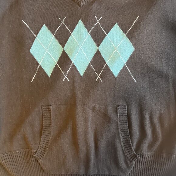 Cato Women’s XL Chocolate Brown Sweater Hood Kangaroo Pocket Cotton Blue Argyle - Picture 4 of 10